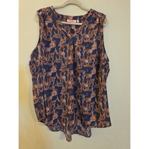 Evri Women's Size 2X Blue Orange Cheetah Leopards V-Neck W/ Pleat Sleeveless Top